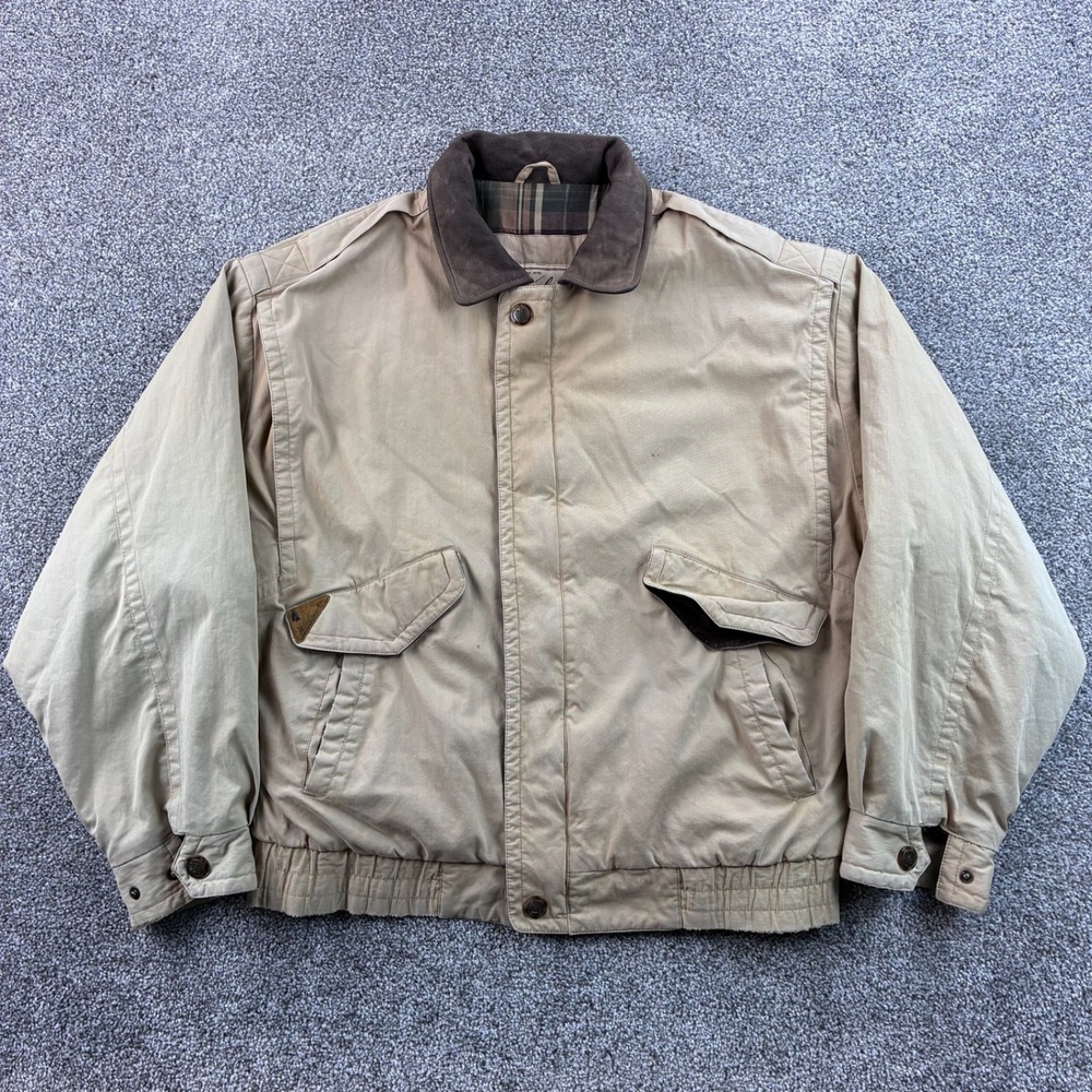 Vintage Woolrich Bomber Jacket Mens Large Tan Cotton Leather Trim Plaid Lined